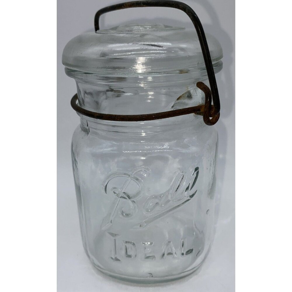 Ball Ideal Clear Glass Mason Jar With Wire Bail and Lid Pint Vintage 5 inch